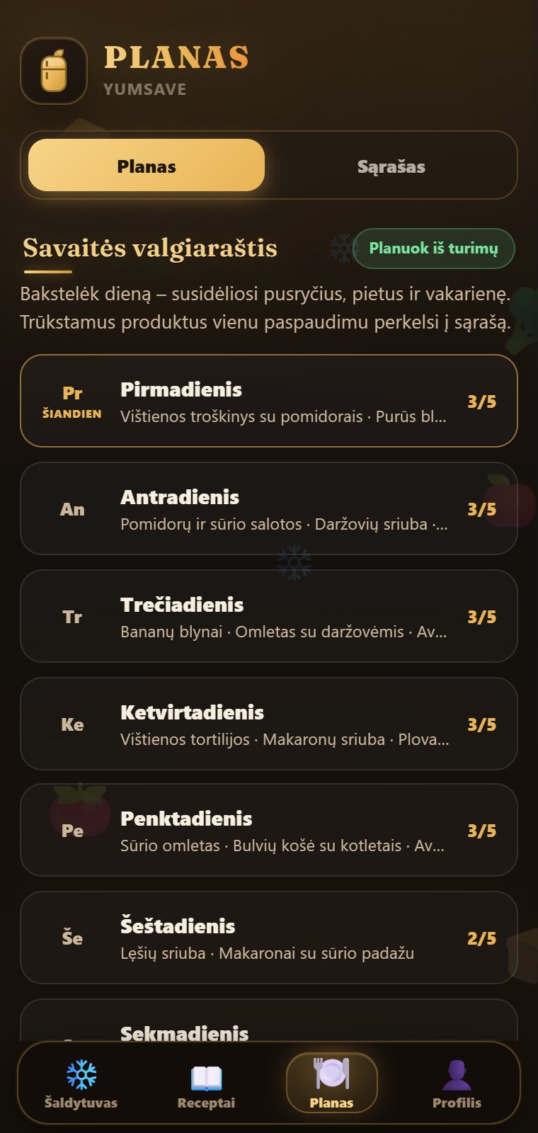 Savaitės valgiaraščio ekranas